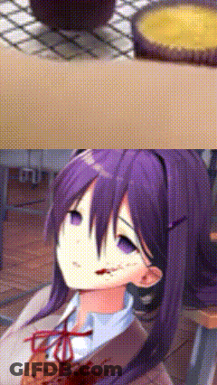 A Girl With Purple Hair Is Sitting In Front Of A Table With A Bowl Of Soup On It . GIF