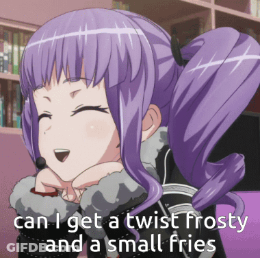 Girl With Purple Hair Asking For Frosty And Fries GIF