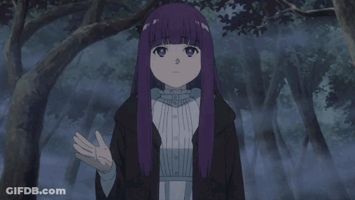 A Girl With Purple Hair Is Standing In A Dark Forest GIF