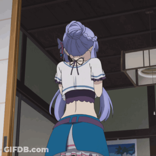 A Girl With Purple Hair Is Standing In A Room With Her Back To The Camera GIF