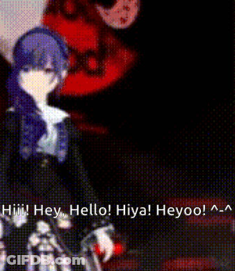 A Girl With Purple Hair Is Standing In Front Of A Black Background And Talking To A Man . GIF