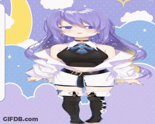 A Girl With Purple Hair Is Standing In Front Of A Cloudy Sky GIF