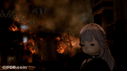 A Girl With Purple Hair Is Standing In Front Of A Fire GIF