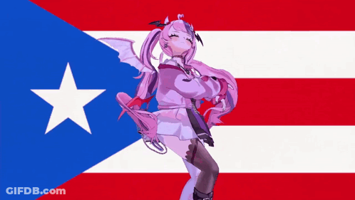 A Girl With Purple Hair Is Standing In Front Of A Flag GIF