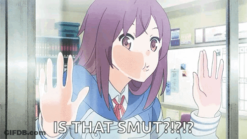A Girl With Purple Hair Is Standing In Front Of A Glass Door And Says Is That Smut GIF