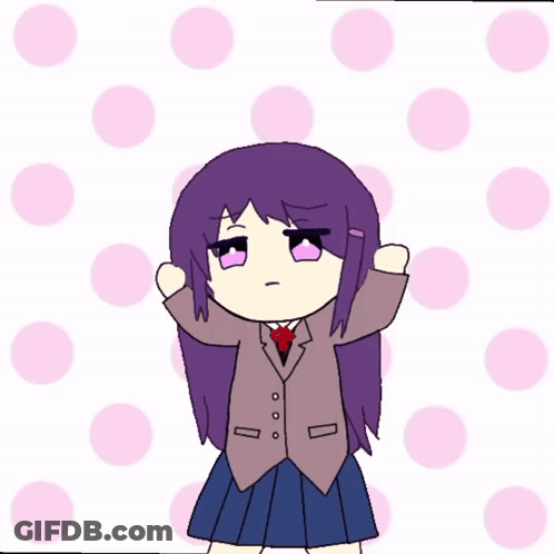 A Girl With Purple Hair Is Standing In Front Of A Polka Dot Background GIF