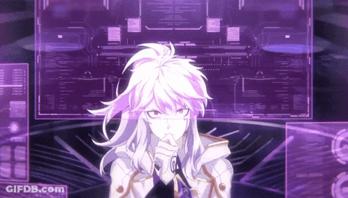 A Girl With Purple Hair Is Standing In Front Of A Screen GIF