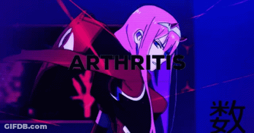 A Girl With Purple Hair Is Standing In Front Of A Sign That Says Arthritis GIF