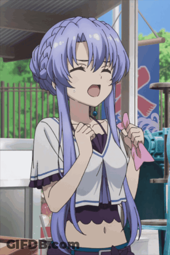 A Girl With Purple Hair Is Standing In Front Of A Sign That Says ' Ice ' GIF