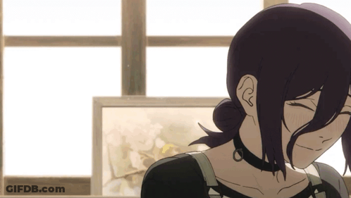 A Girl With Purple Hair Is Standing In Front Of A Window With Her Eyes Closed GIF