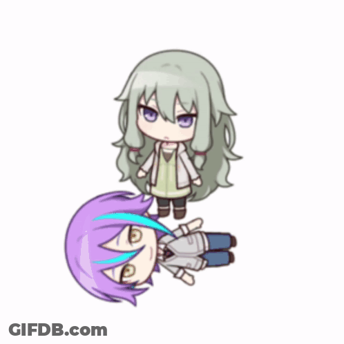 A Girl With Purple Hair Is Standing Next To A Boy Who Is Laying On The Ground . GIF