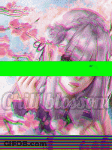A Girl With Purple Hair Is Surrounded By Pink Flowers And The Words Cherry Blossom GIF