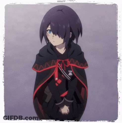 A Girl With Purple Hair Is Wearing A Black Cape With A Red Border GIF