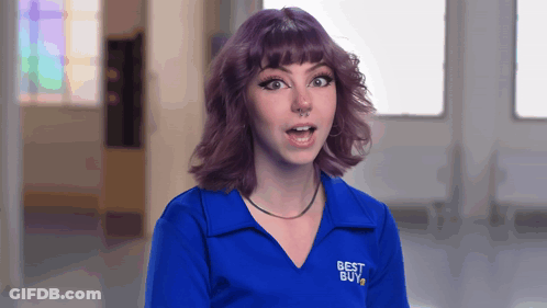 A Girl With Purple Hair Is Wearing A Blue Shirt That Says Best Buy GIF