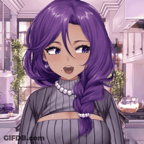 A Girl With Purple Hair Is Wearing A Grey Sweater GIF