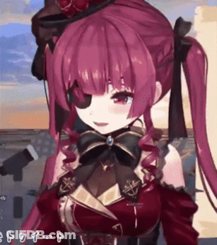 A Girl With Purple Hair Is Wearing A Red Dress And A Black Hat . GIF