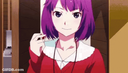 A Girl With Purple Hair Is Wearing A Red Sweater And Headphones . GIF