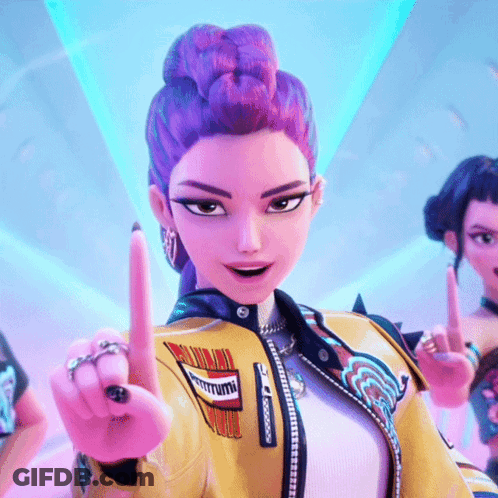 A Girl With Purple Hair Is Wearing A Yellow Jacket With A Patch On It That Says ' Rumm ' On It GIF