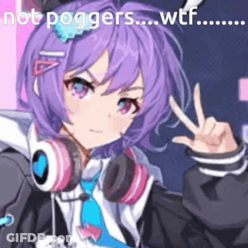 A Girl With Purple Hair Is Wearing Headphones And Making A Peace Sign GIF