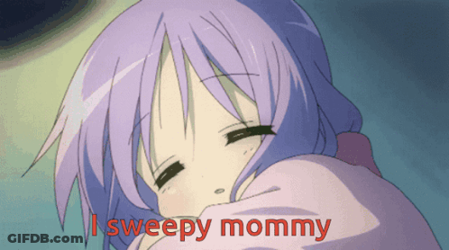 A Girl With Purple Hair Is Wrapped In A Blanket And Says I Sweepy Mommy GIF