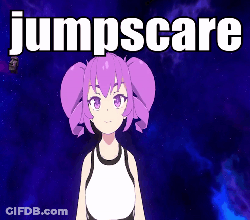 A Girl With Purple Hair Stands In Front Of A Jumpscare Logo GIF