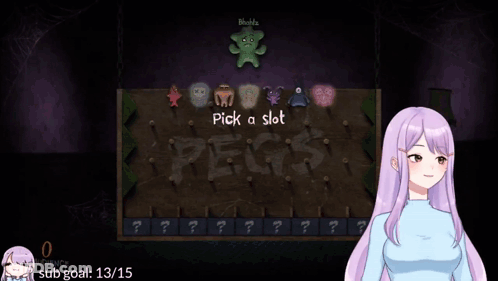 A Girl With Purple Hair Stands In Front Of A Screen That Says Pegs GIF
