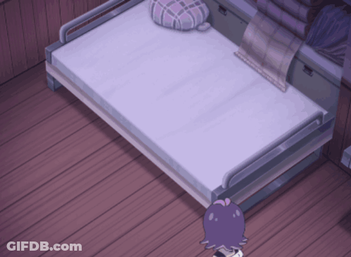 A Girl With Purple Hair Stands Next To A Bed GIF