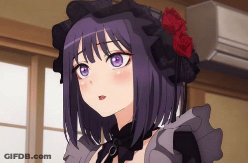 A Girl With Purple Hair Wearing A Black Hat With Red Roses On It GIF
