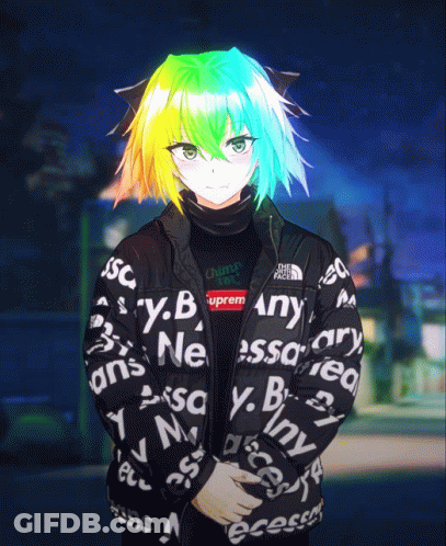 A Girl With Rainbow Hair And A Supreme Jacket GIF