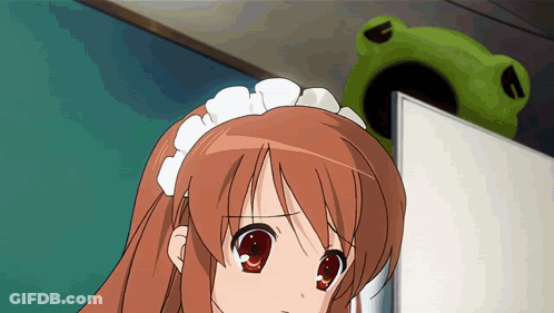 A Girl With Red Eyes And A White Maid 'S Headband Looks At The Camera GIF