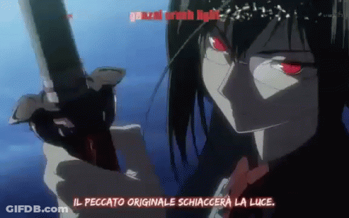 A Girl With Red Eyes Is Holding A Sword And The Words Il Peccato Originale Schiacciera La Luce GIF
