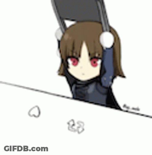 A Girl With Red Eyes Is Sitting At A Table Holding A Chair . GIF