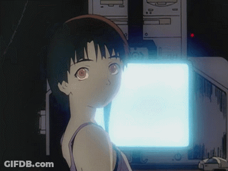 A Girl With Red Eyes Is Standing In Front Of A Computer GIF