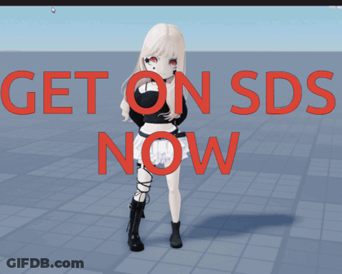A Girl With Red Eyes Stands In Front Of A Sign That Says Get On Sds Now GIF