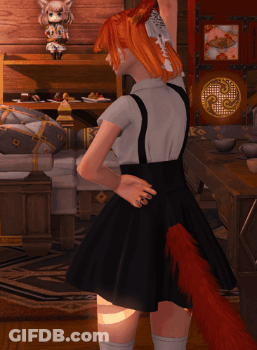 A Girl With Red Hair And A Black Skirt Is Standing In A Living Room GIF