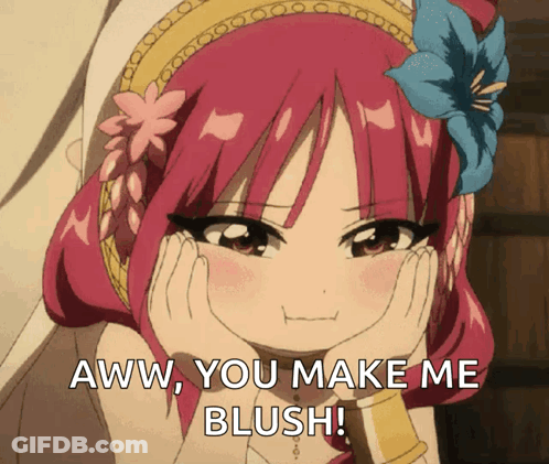 A Girl With Red Hair And A Flower In Her Hair Says " Aww You Make Me Blush " GIF