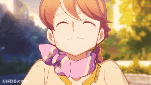 A Girl With Red Hair And A Pink Scarf Around Her Neck Is Sweating GIF