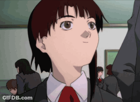 A Girl With Red Hair And A Red Tie Is Looking Up GIF