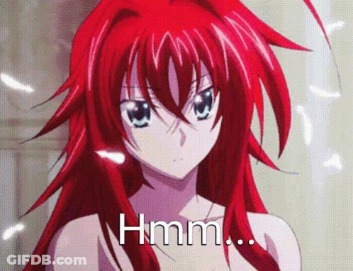 A Girl With Red Hair And Blue Eyes Has The Word Hmm Written On Her Chest GIF