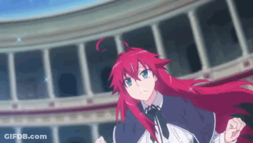 A Girl With Red Hair And Blue Eyes Is Running In Front Of A Building In An Anime . GIF