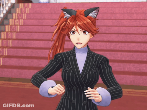 A Girl With Red Hair And Cat Ears Is Standing In Front Of A Set Of Stairs GIF