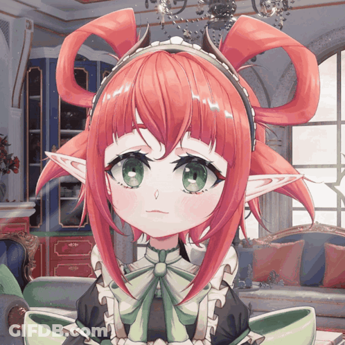 A Girl With Red Hair And Green Eyes Is Wearing A Headband With Horns On It GIF