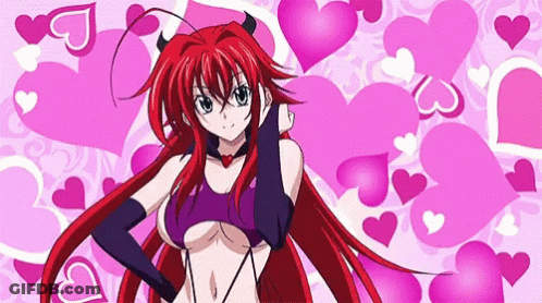 A Girl With Red Hair And Horns Is Standing In Front Of A Background Of Pink Hearts GIF