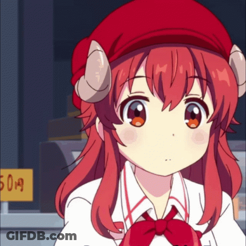 A Girl With Red Hair And Horns Is Standing In Front Of A Sign That Says 5.99 GIF