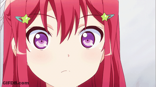 A Girl With Red Hair And Purple Eyes Has A Green Star In Her Hair GIF