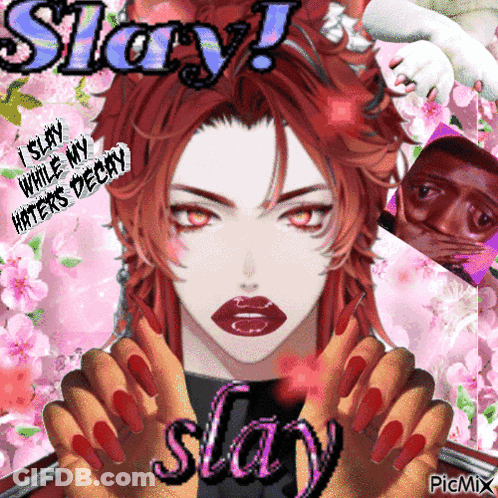 A Girl With Red Hair And Red Nails Is Holding A Sign That Says " Slay " GIF