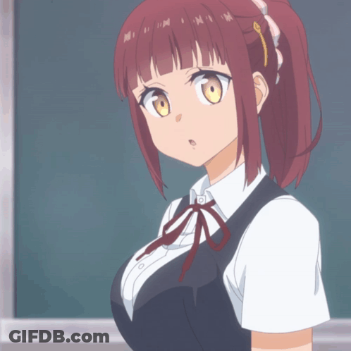 A Girl With Red Hair And Yellow Eyes Is Wearing A Black Vest And White Shirt GIF