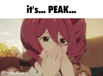 A Girl With Red Hair Covering Her Face With Her Hands And The Words It 'S Peak GIF