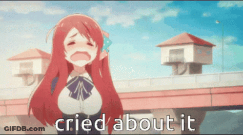 A Girl With Red Hair Is Crying With The Words Cried About It Behind Her GIF