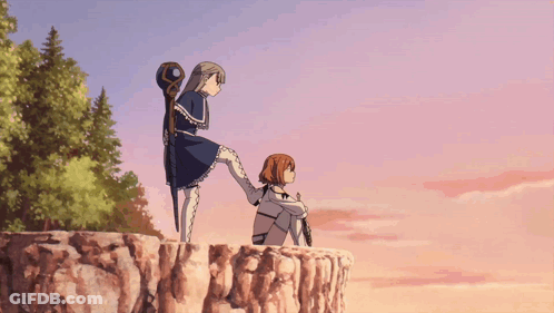 A Girl With Red Hair Is Flying Through The Air With A Sword In Her Hand GIF